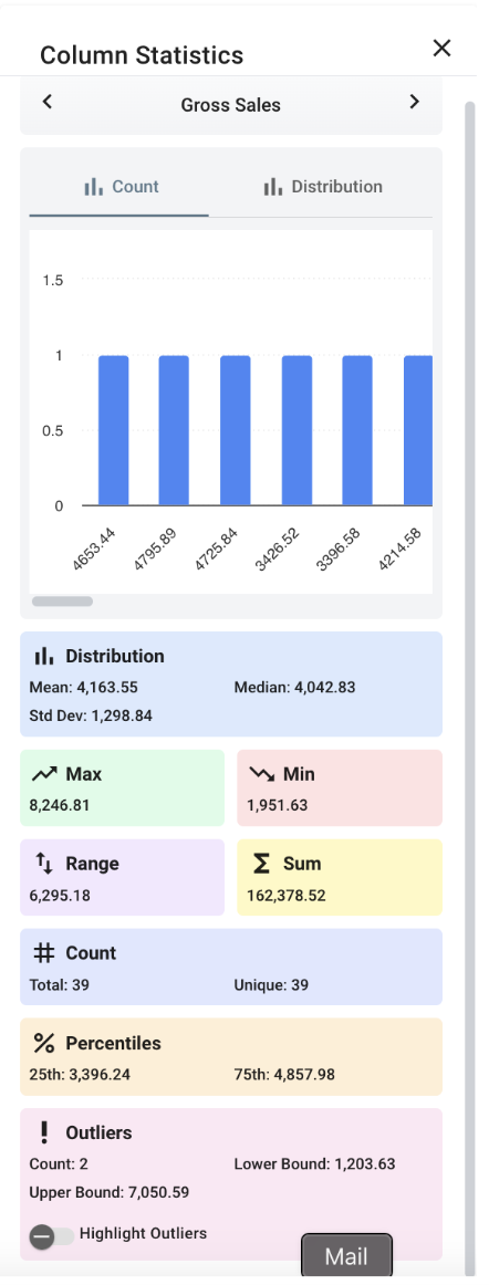 Mirus Column Statistics Feature